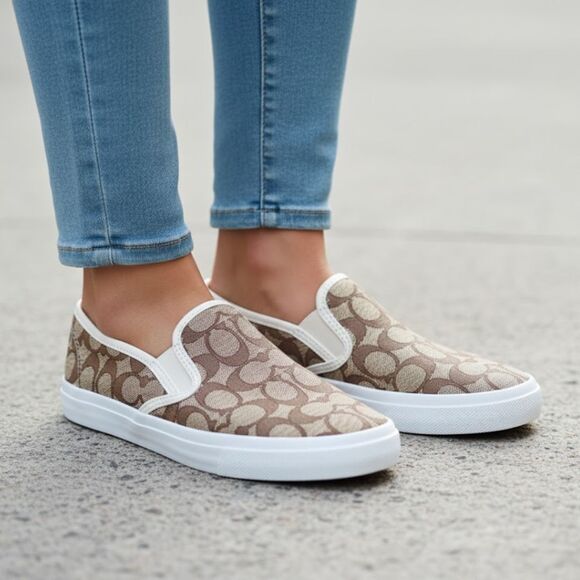 Coach Chrissy Sneakers 9.5 Beige Brown Jacquard Signature C Slip-On Shoes Loafer - Picture 10 of 11